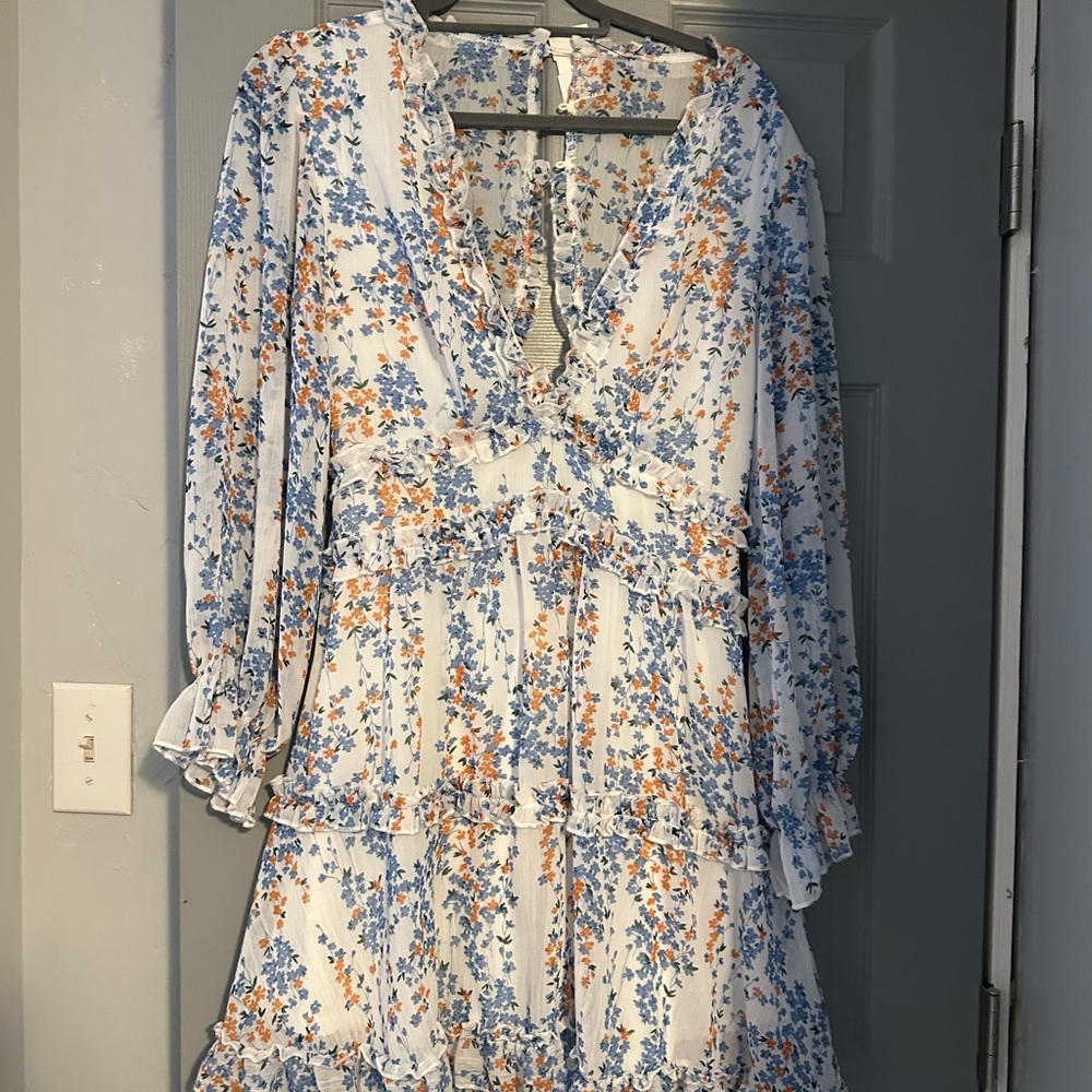 Floral Long Sleeve Dress in Blue and Orange